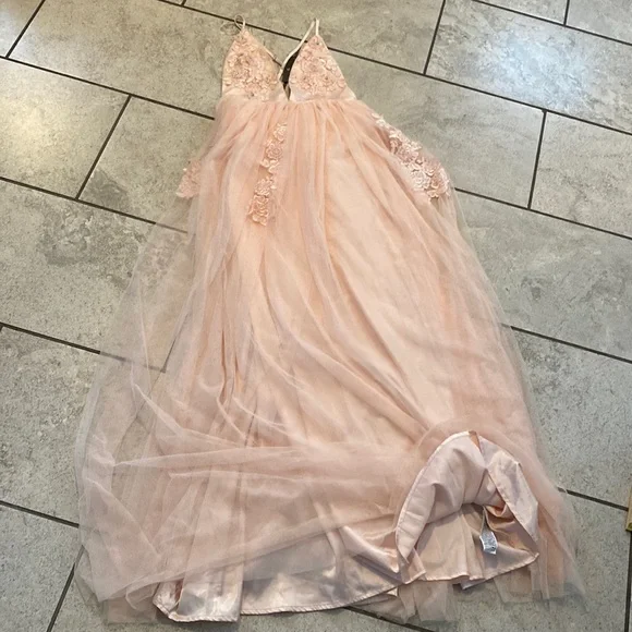 Blush Pink Long Tulle & Lace Dress - Picture 1 of 9